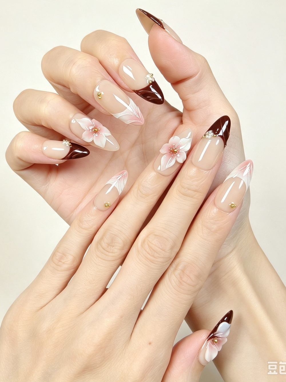 Nude Medium Almond Press On Nails With Pink Leopard French Tips 3D Pink Flowers